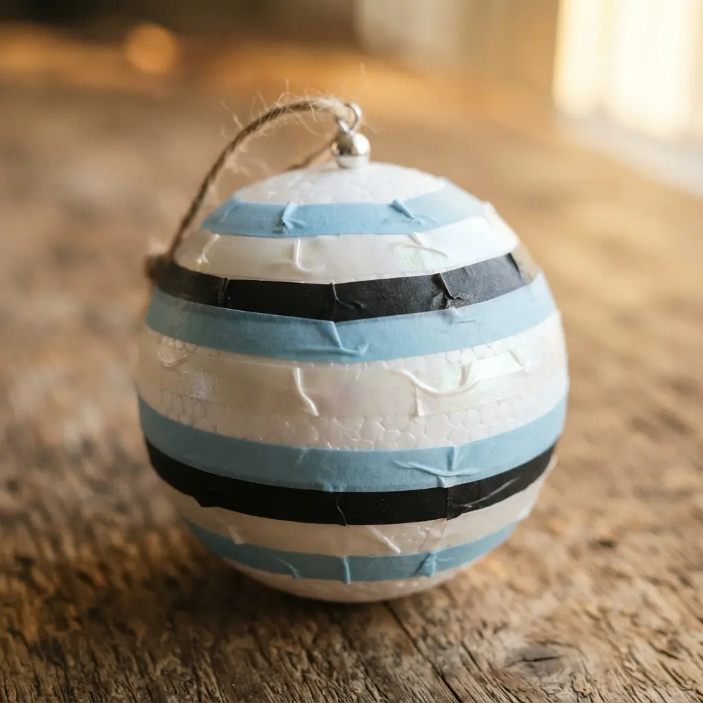 A white styrofoam ball ornament decorated with neat, horizontal bands of contrasting washi tape.