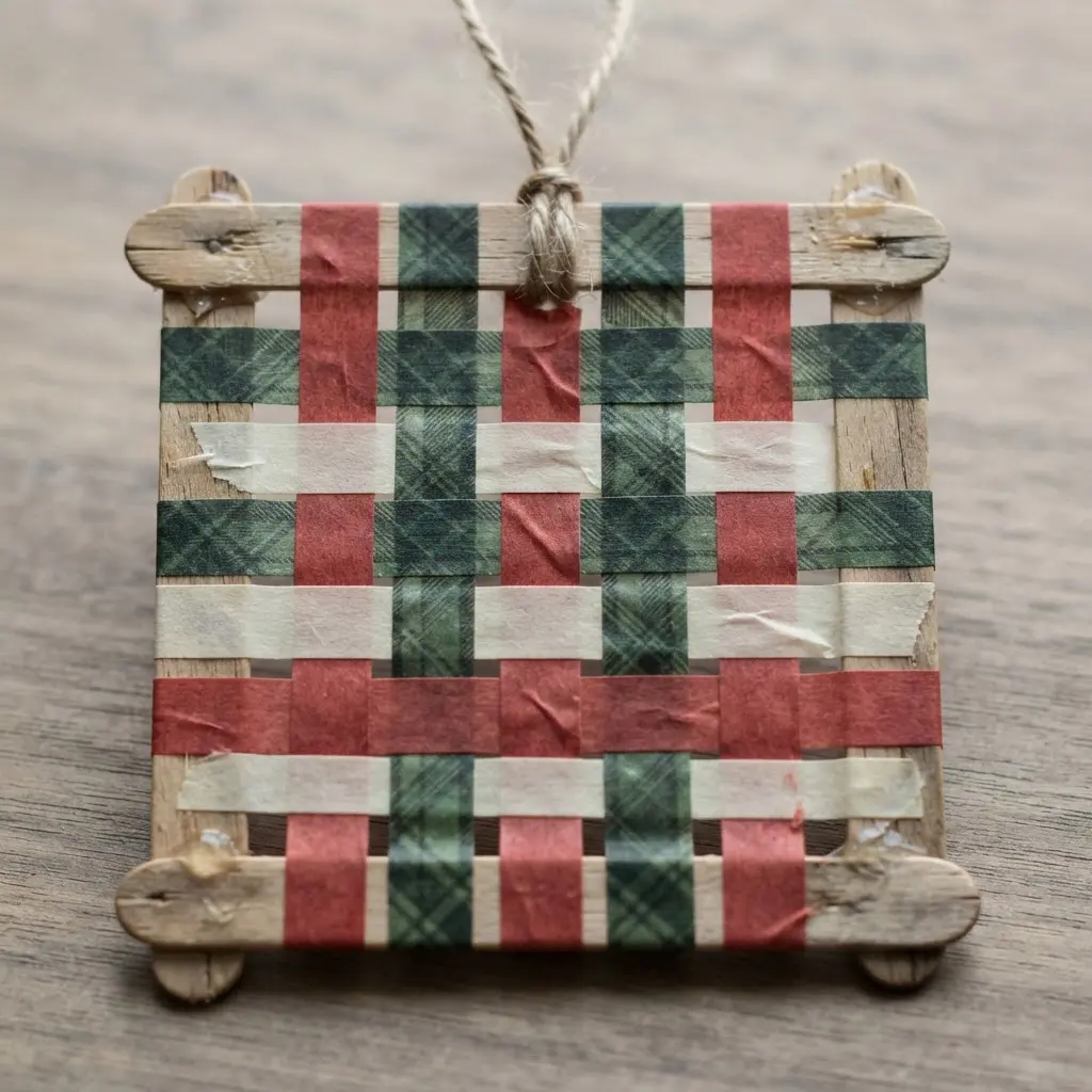 A square ornament made from popsicle sticks with a woven checkerboard pattern of washi tape strips.