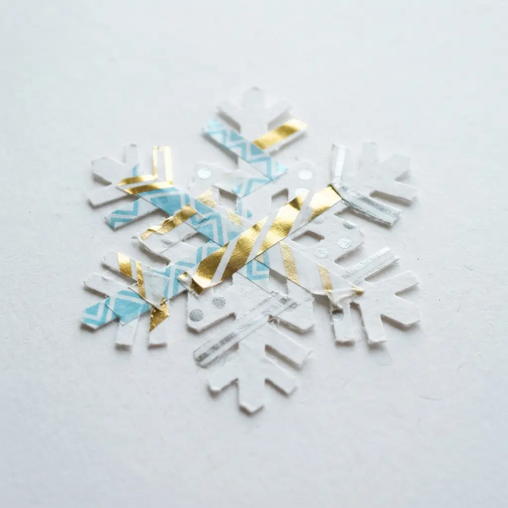 A delicate paper snowflake cutout with intersecting strips of metallic and patterned washi tape.