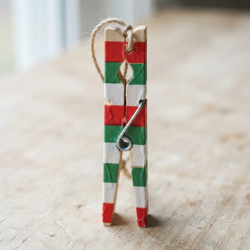 A standard wooden clothespin covered in clean, geometric blocks of solid-colored washi tape.