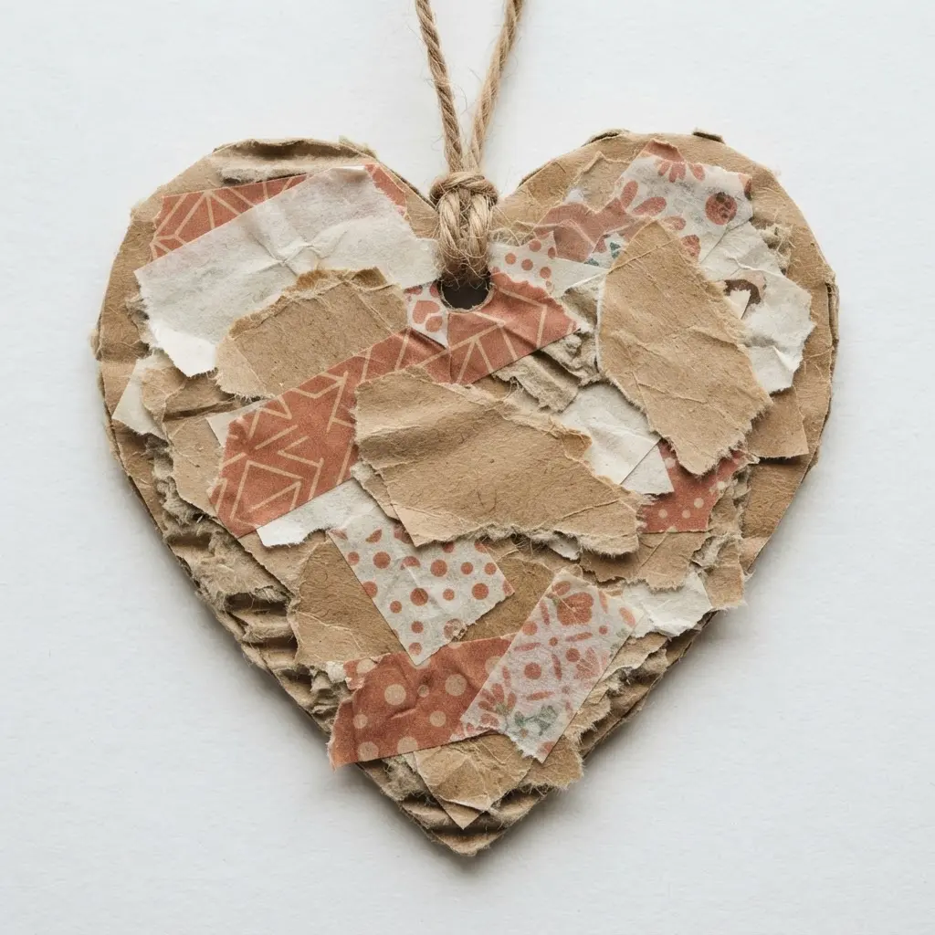 A heart-shaped cardboard base covered with uneven, torn strips of kraft paper and textured washi tape.