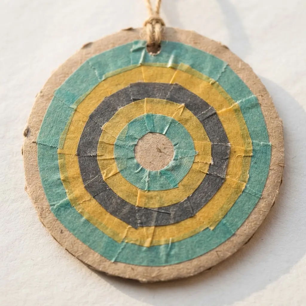 A round cardboard disc ornament decorated with perfectly aligned concentric circles of patterned washi tape.