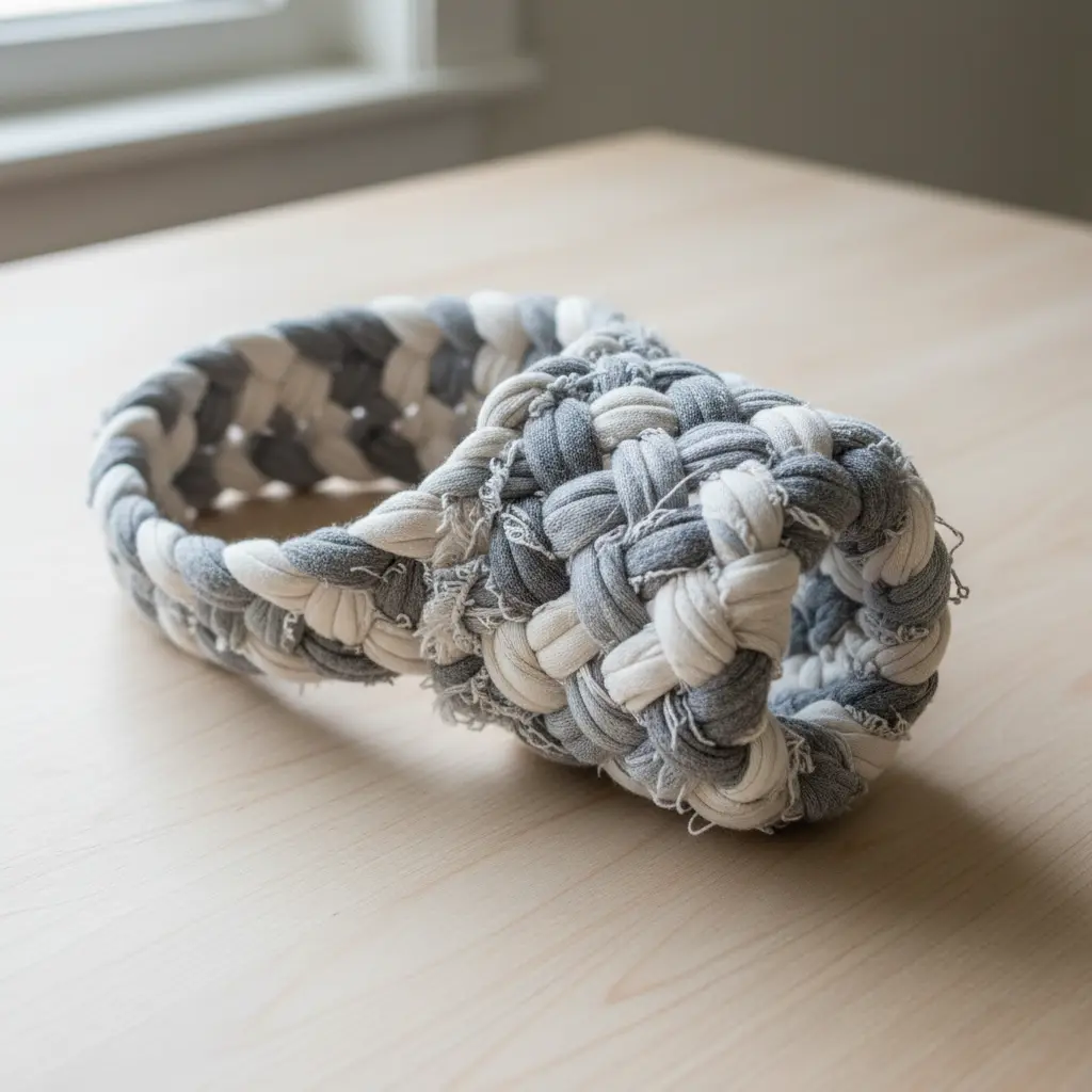 A braided water bottle holder crafted from strips of soft, grey cotton jersey fabric.