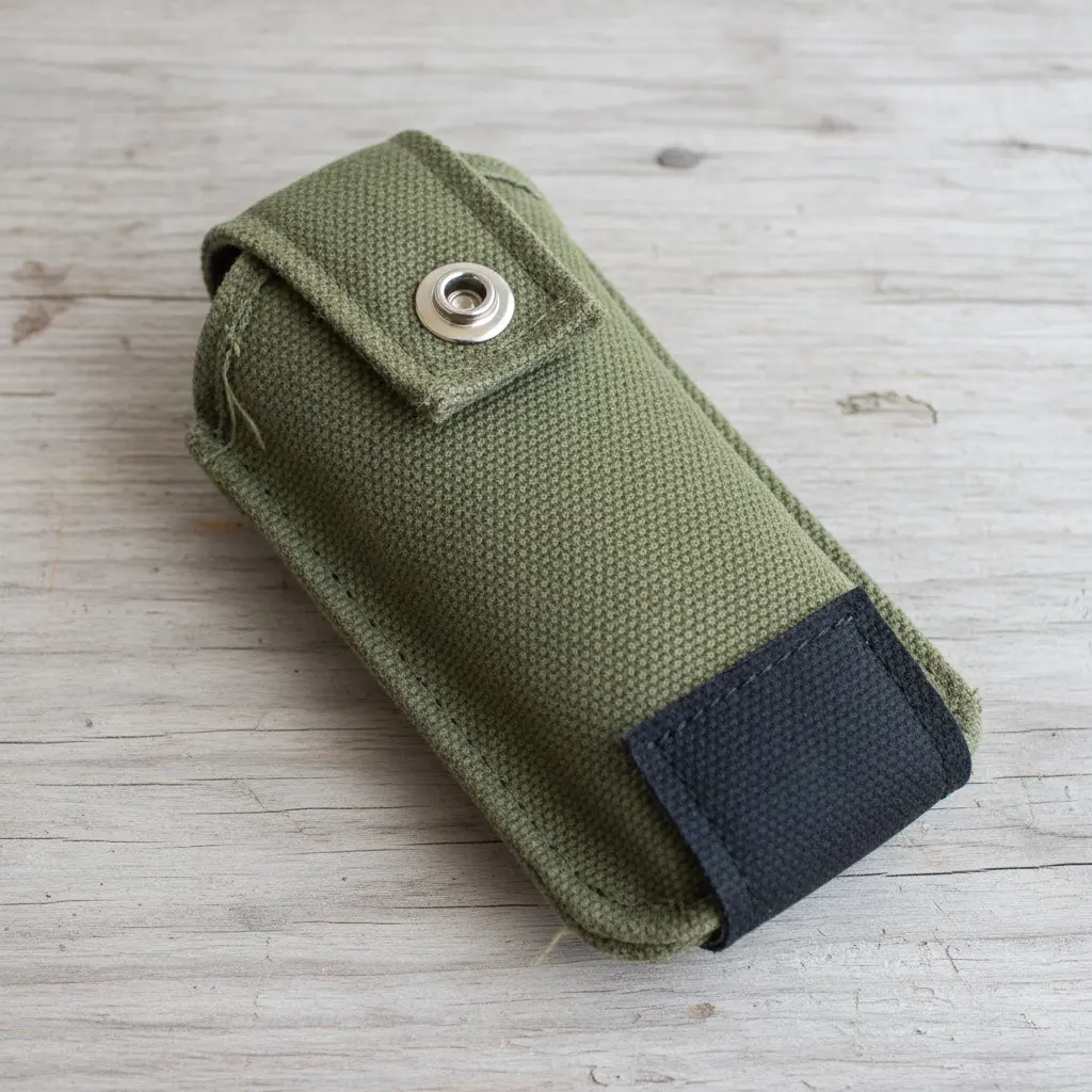 A robust, olive green water bottle holster constructed from canvas webbing with metal hardware.