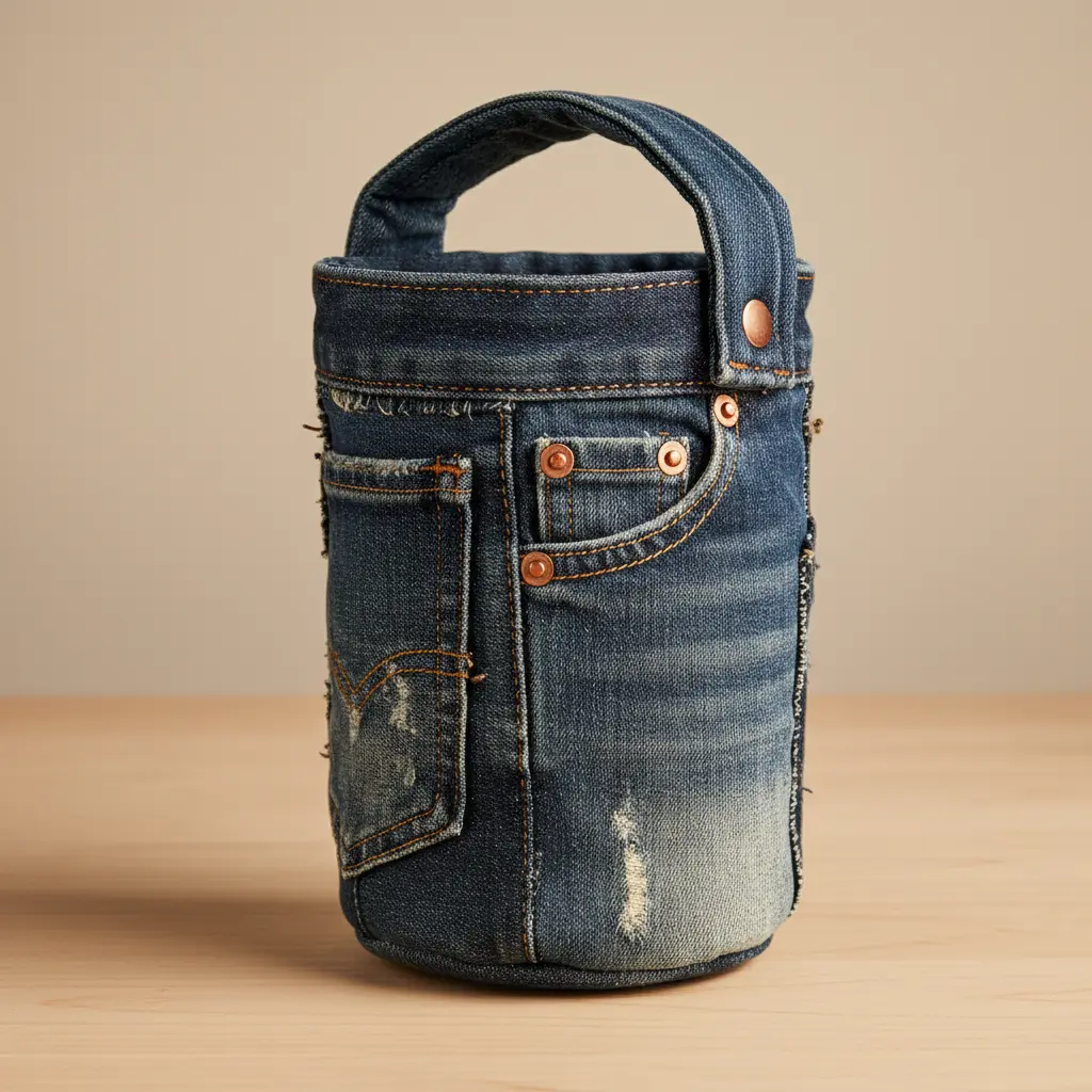 A sturdy water bottle holder constructed from a repurposed blue denim jean leg.