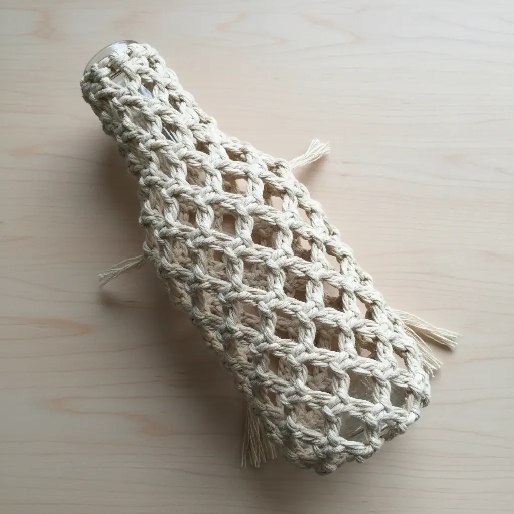 A woven net-style water bottle holder made from natural-colored cotton cord.