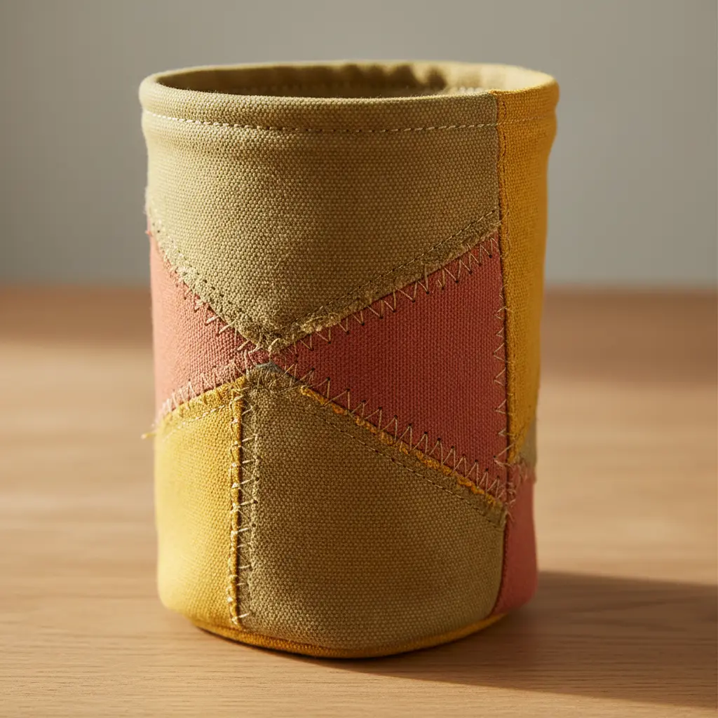 A geometric patchwork water bottle holder featuring a wide canvas strap.