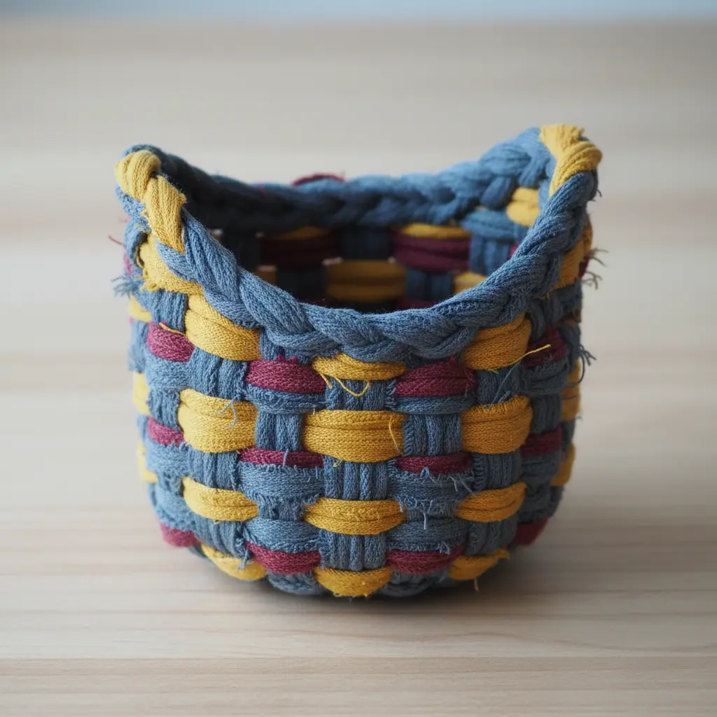 A basket-like water bottle holder woven from colorful strips of recycled fabric.