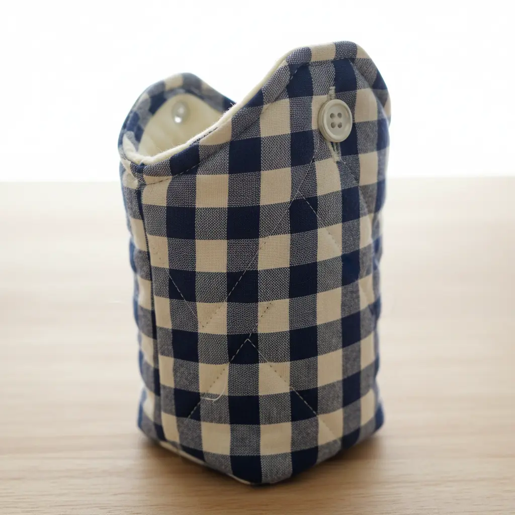 A padded water bottle cozy with quilted stitching made from a patterned button-up shirt.