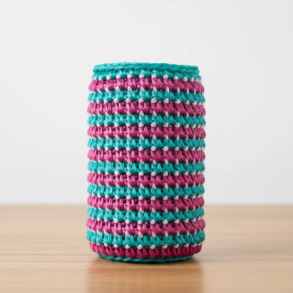 A crocheted water bottle sleeve made from multicolored plastic bag yarn.