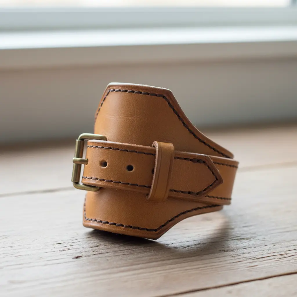 A minimalist water bottle loop made from a repurposed brown leather belt.