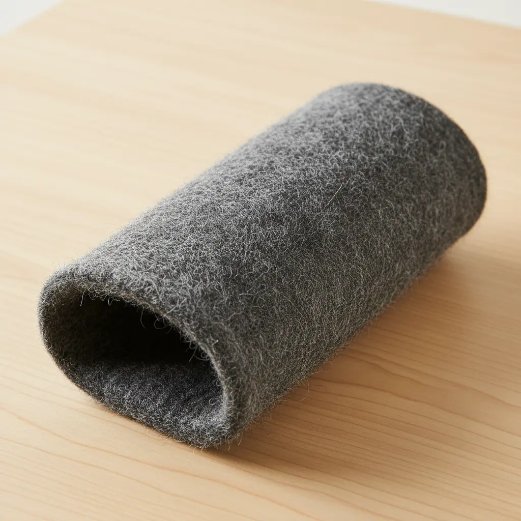 A thick, felted grey wool sleeve designed to insulate a water bottle.