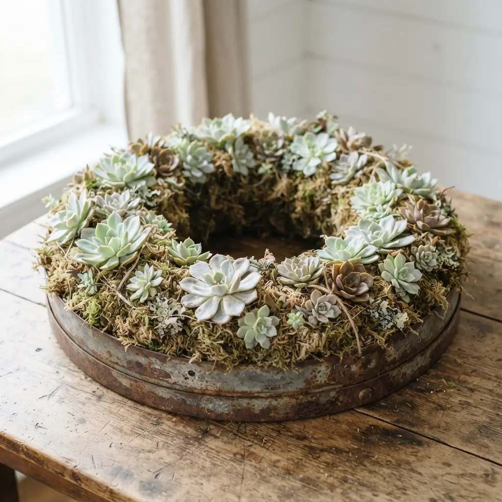 A weathered metal barrel ring filled with sphagnum moss and planted with pale green Echeveria succulents.