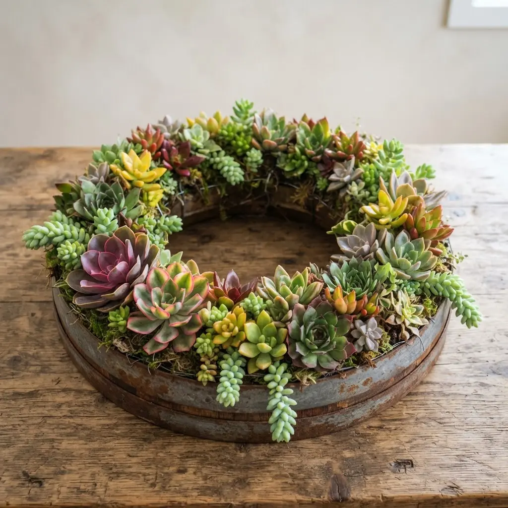 An abundantly planted wreath with a wild mix of Echeveria, Sedum, and trailing succulents in various colors.