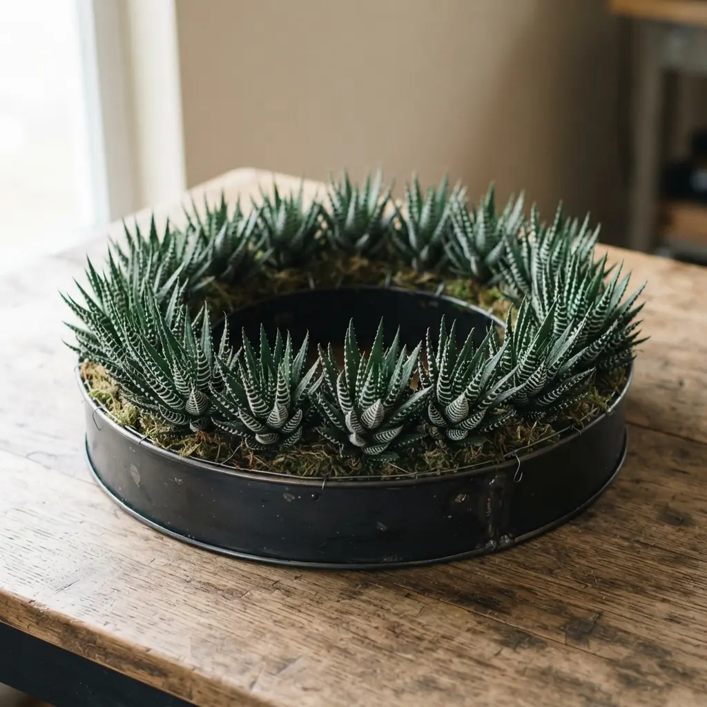 A clean, modern wine barrel ring wreath planted with symmetrical rows of striped Haworthia succulents.