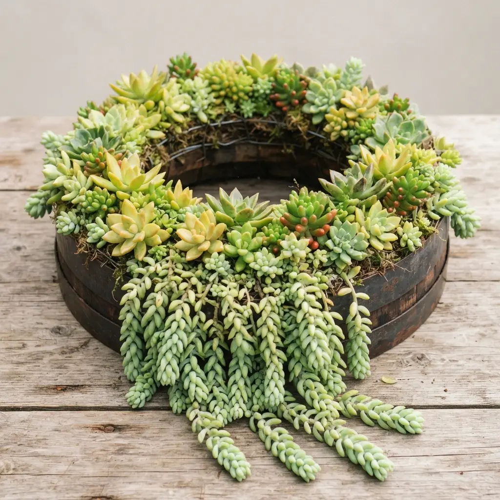 A full, overflowing succulent wreath with green Sedum rosettes and long, trailing stems cascading down.