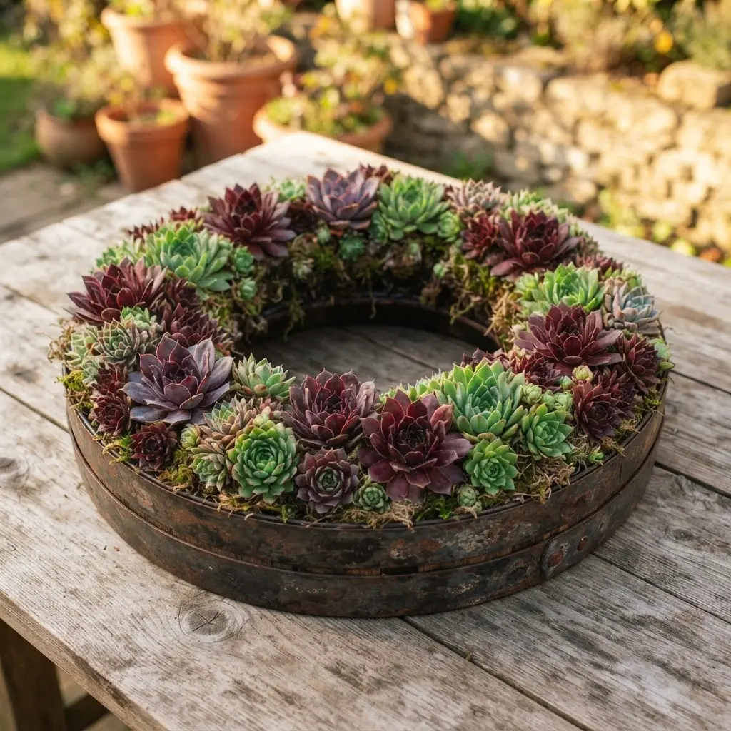 A colorful wine barrel ring wreath densely planted with red, purple, and green Sempervivum rosettes.
