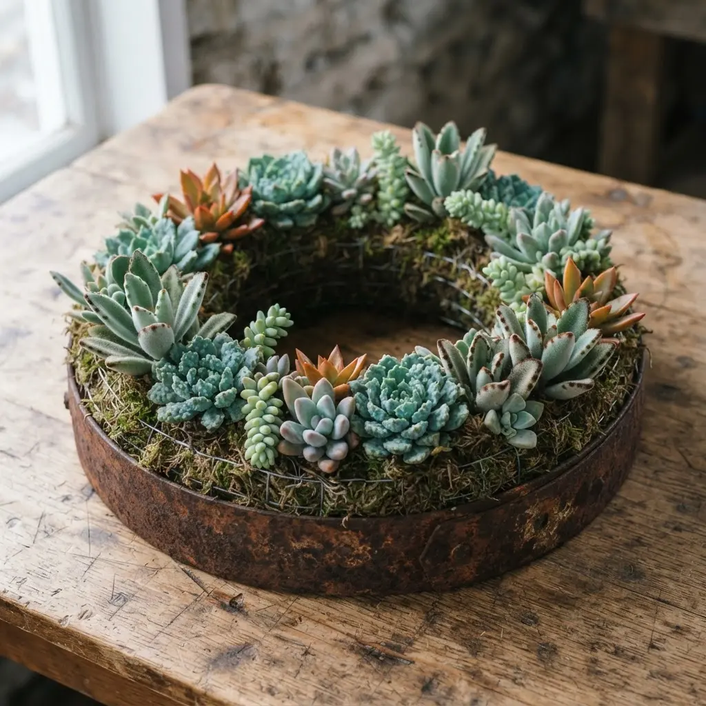 A heavily rusted metal barrel ring planted with succulents featuring fuzzy and bumpy leaf textures.