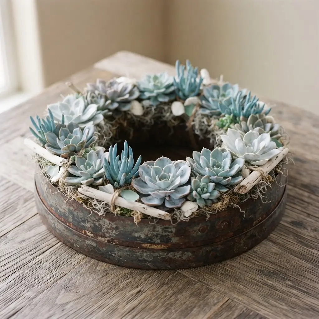 A serene succulent wreath featuring various blue and silvery-gray Echeveria and Senecio plants.