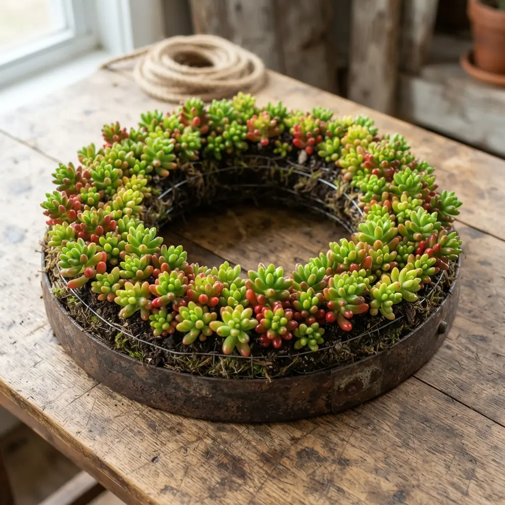 A circular wreath densely packed with the small, rounded leaves of Sedum rubrotinctum jelly bean plants.
