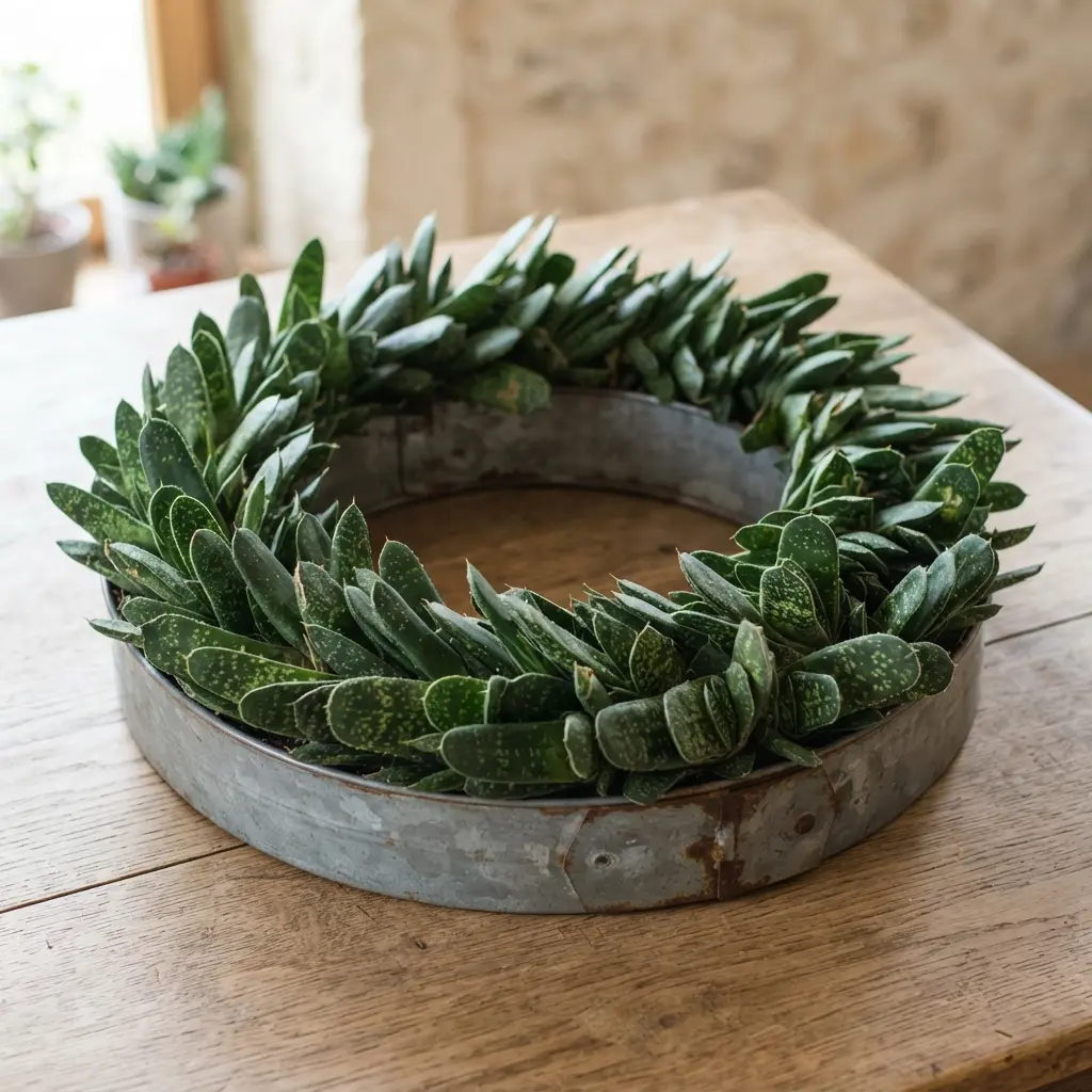 A geometrically arranged wreath with dark green, tongue-shaped Gasteria plants forming a spiral pattern.