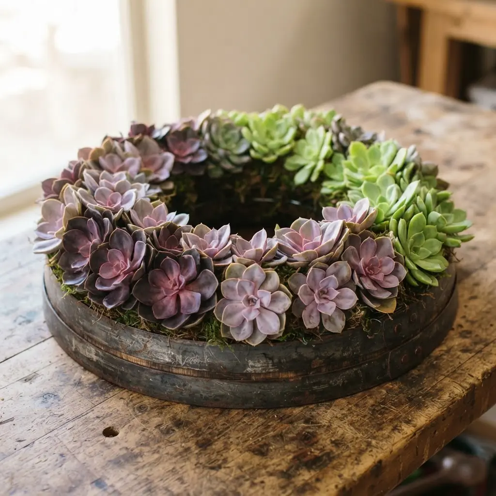 A succulent wreath where Echeveria rosettes are arranged in an ombre gradient from dark purple to light green.