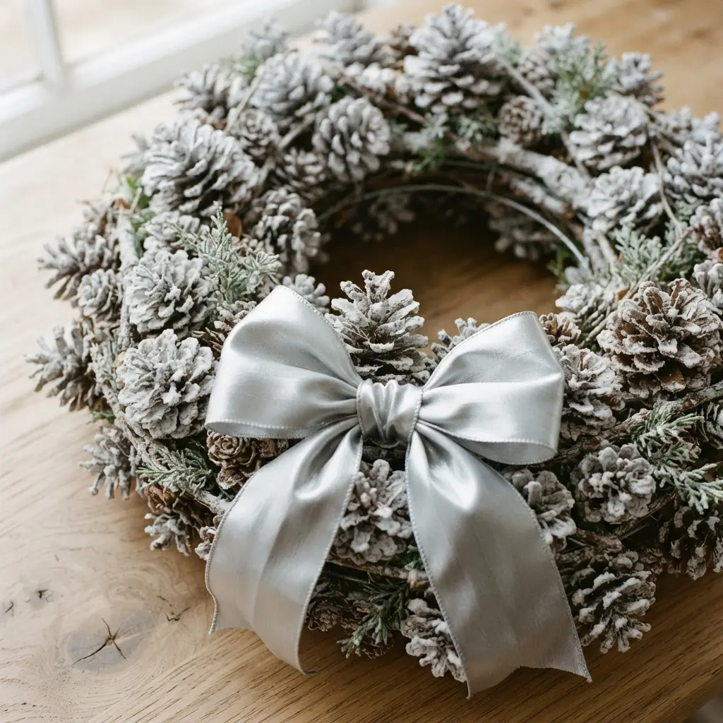 A white and silver wreath featuring flocked pinecones and a wide metallic ribbon on a dark door.