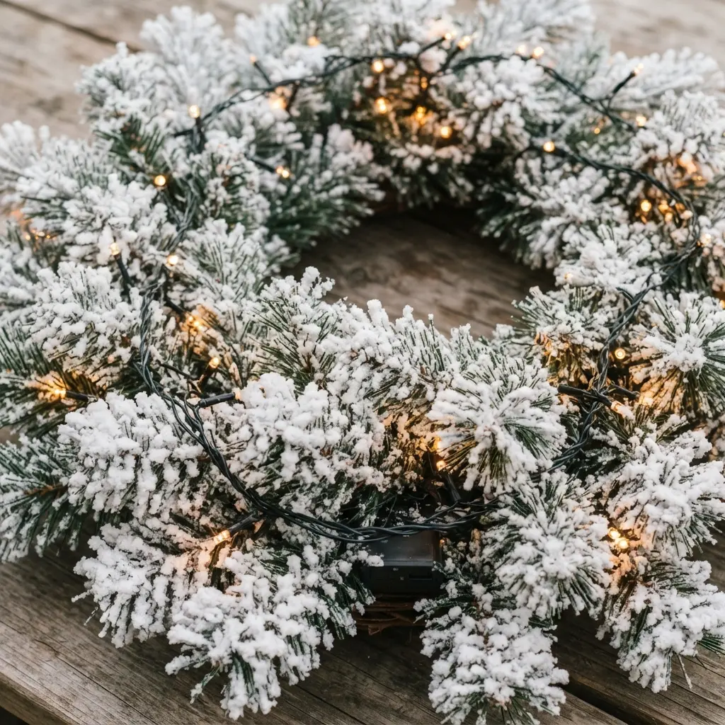 A heavily flocked white wreath with tiny warm-white LED fairy lights woven throughout its greenery.