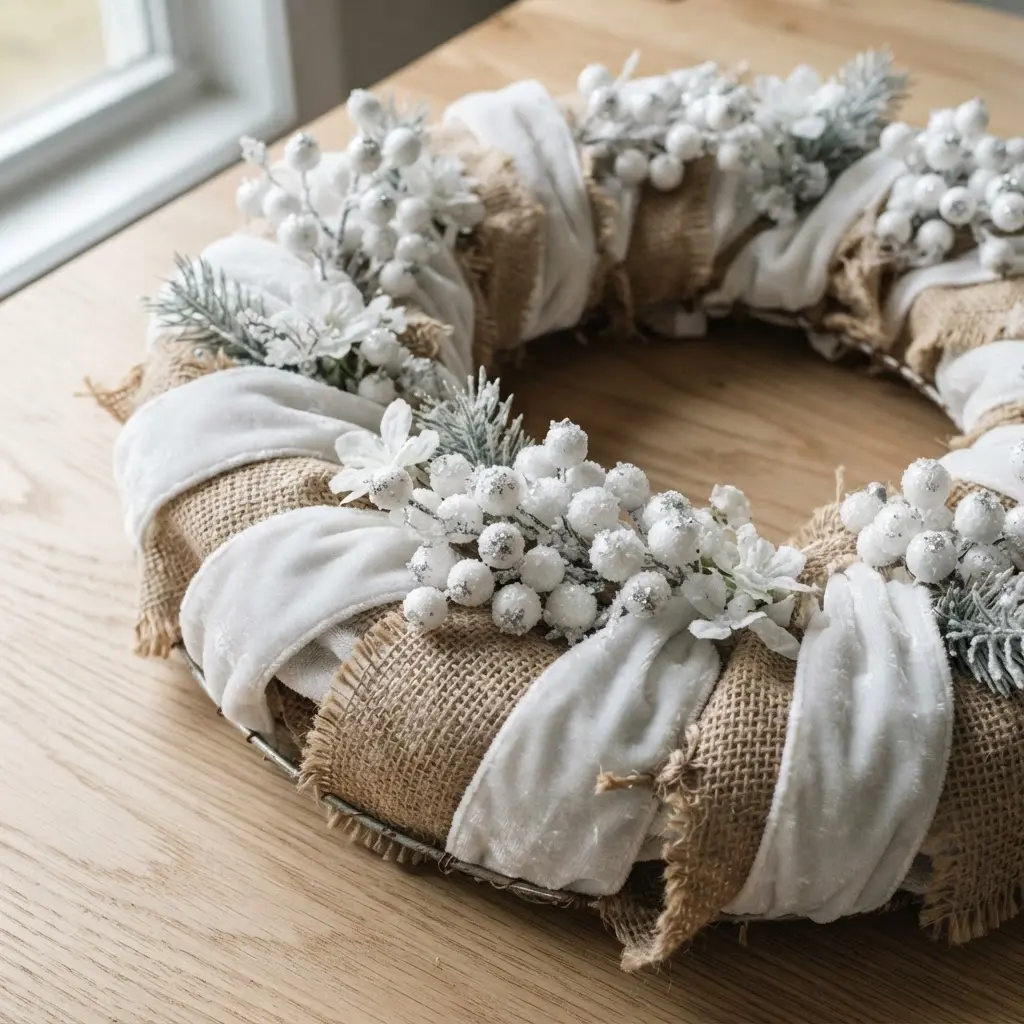 A textured wreath made with white velvet ribbon and frayed burlap strips, adorned with frosted berries.