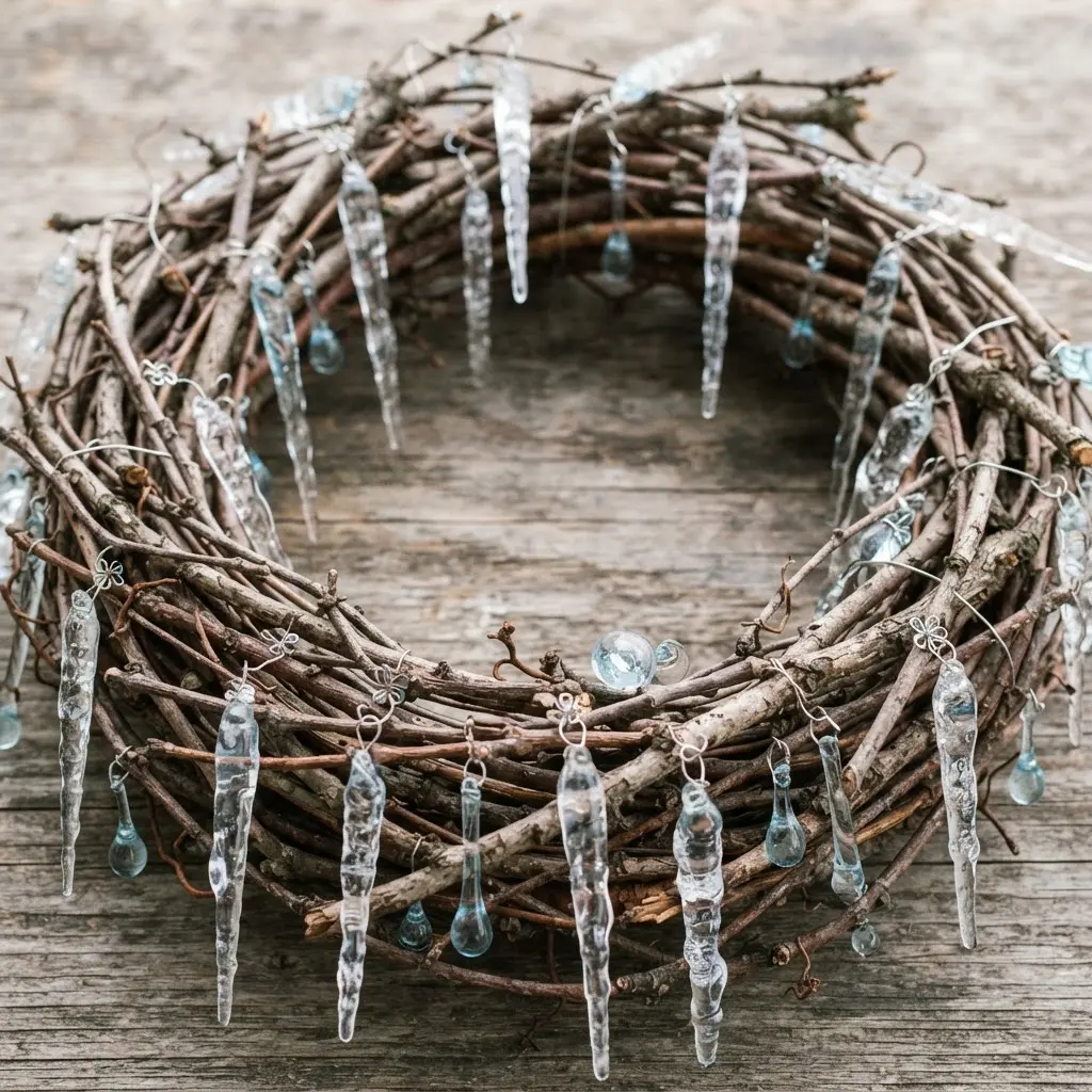 A circular twig wreath with clear and blue glass icicle ornaments dangling from its frame.