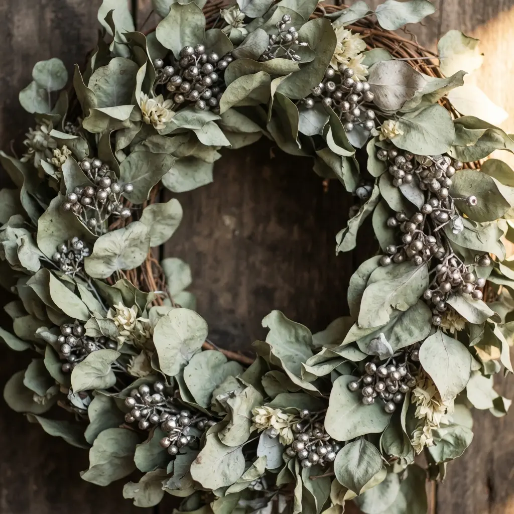 A fragrant wreath of silver-dollar eucalyptus and clusters of small metallic berries on a grapevine base.