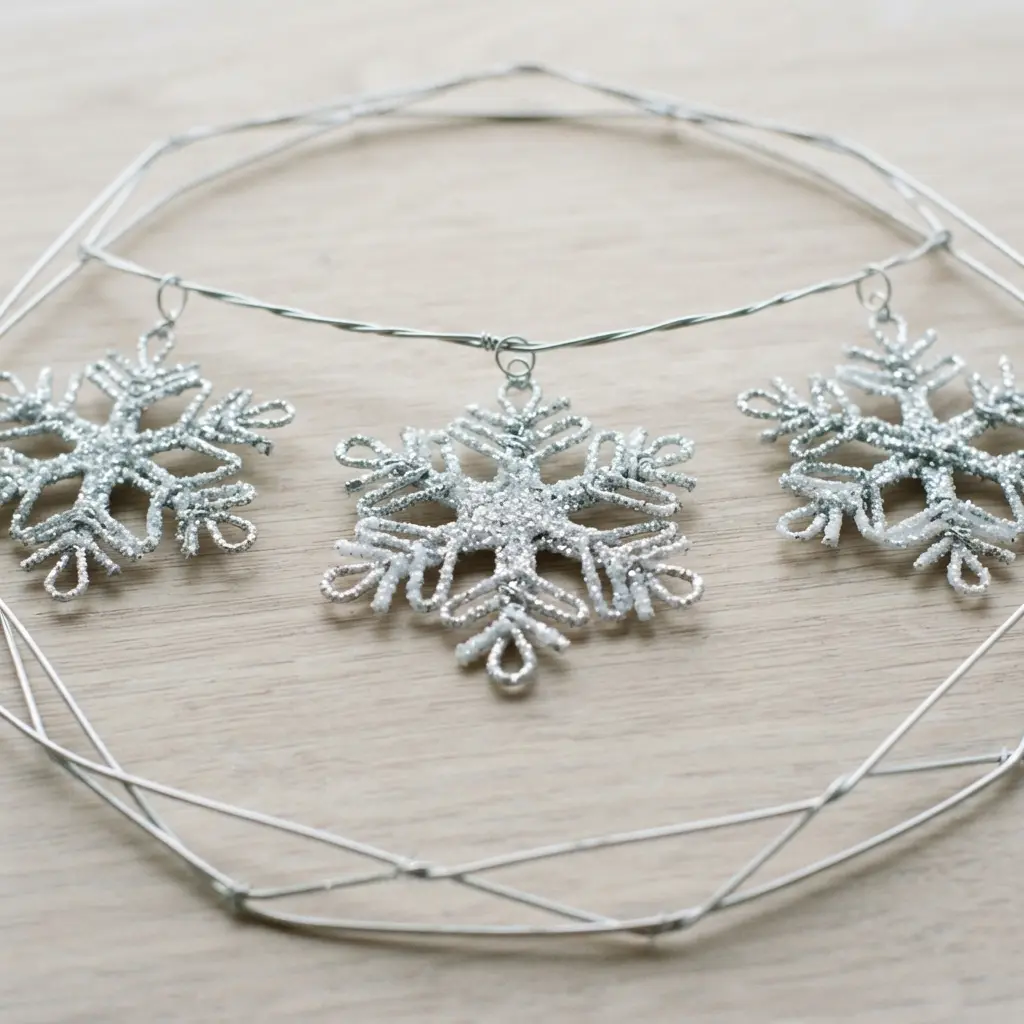 A thin metal wire wreath holding three large, glitter-dusted snowflake ornaments against a white wall.