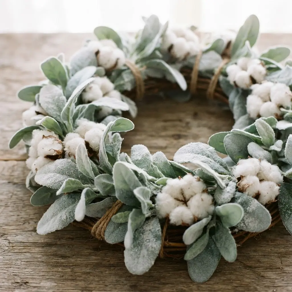 A soft, textural wreath made with frosted lambs ear leaves and puffs of white cotton bolls.