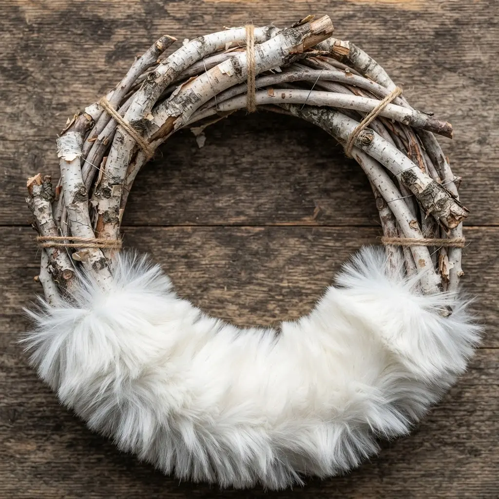 A rustic wreath constructed from curved birch branches and accented with a soft, white faux fur wrap.