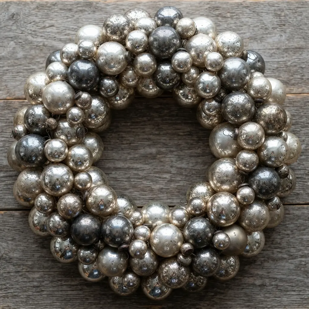 A lush, full wreath densely packed with silver and white mercury glass ball ornaments of various sizes.