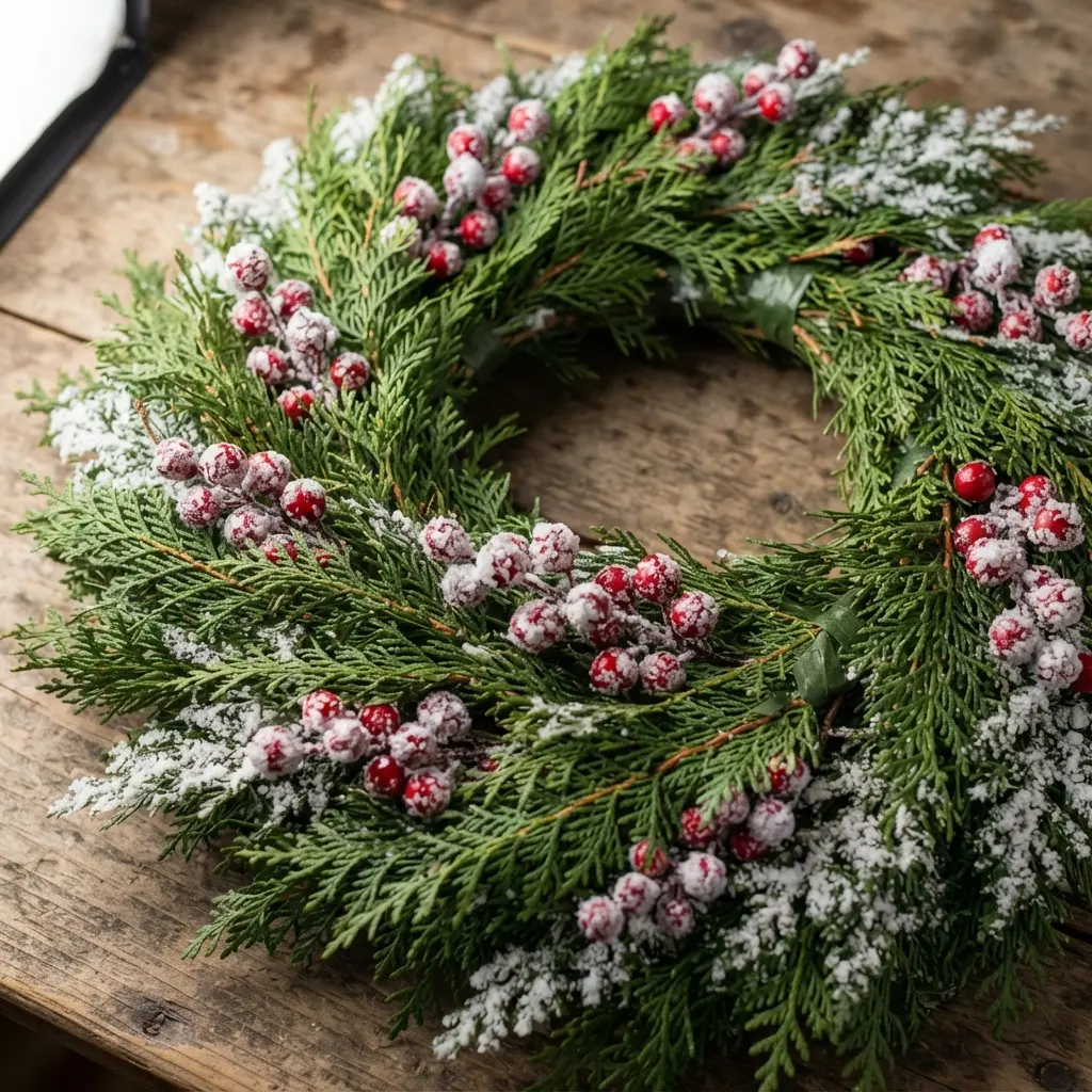 A fragrant wreath of green cedar sprigs dotted with bright red berries coated in white faux frost.