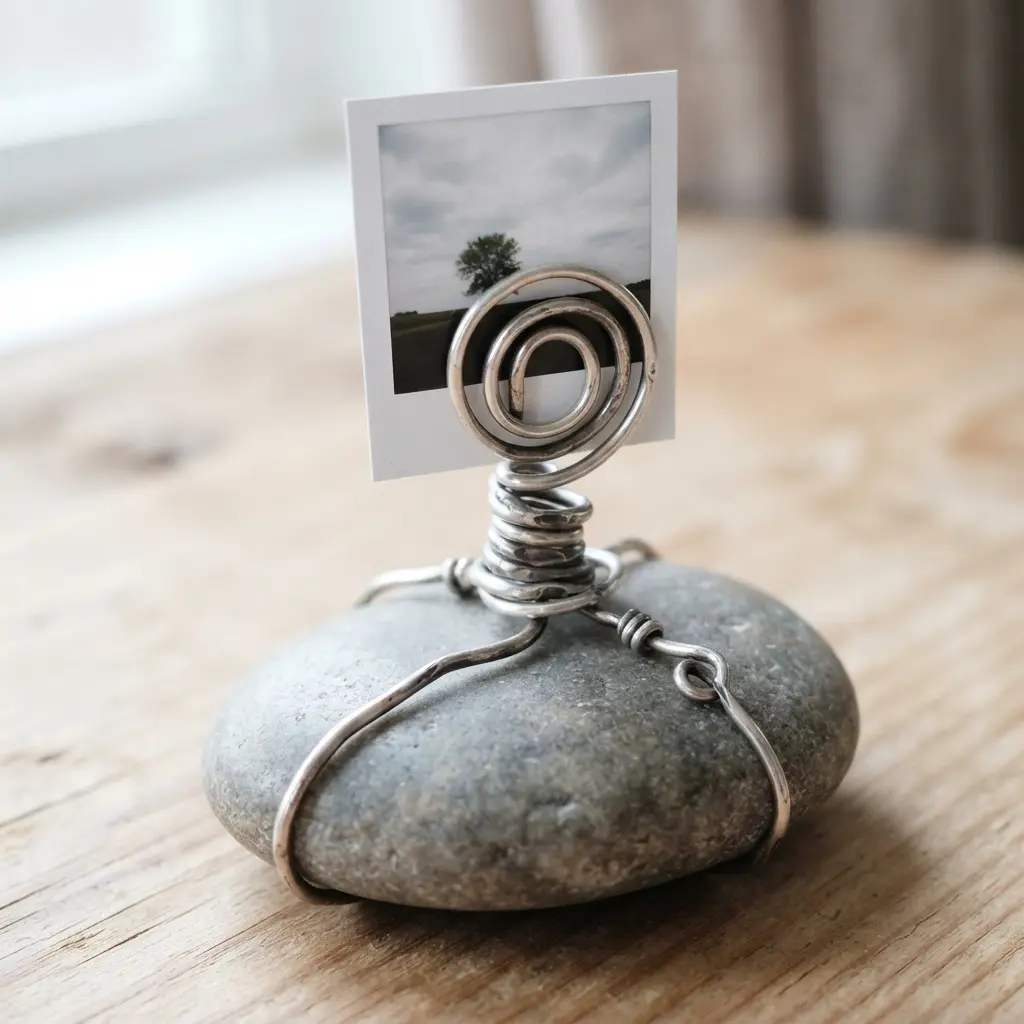 A polished river stone serves as a base for a wire-wrapped photo holder with a simple loop.