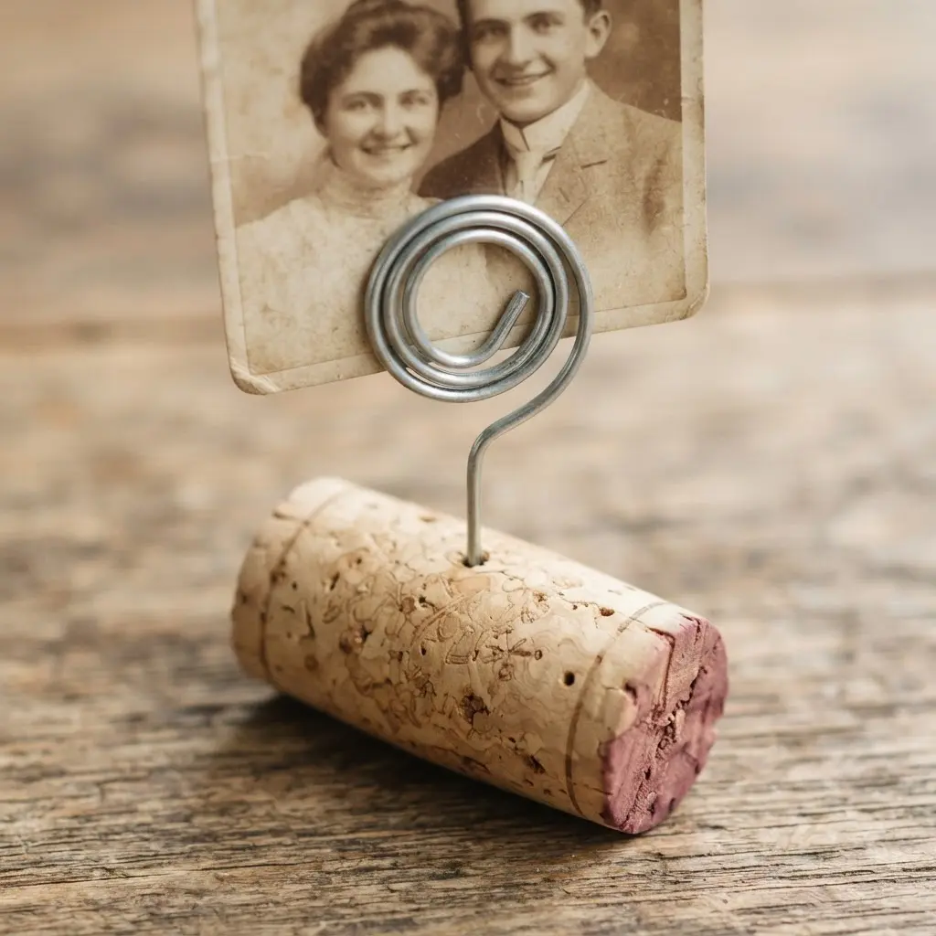 An upcycled wine cork acts as a stable base for a simple, bent wire photo holder.