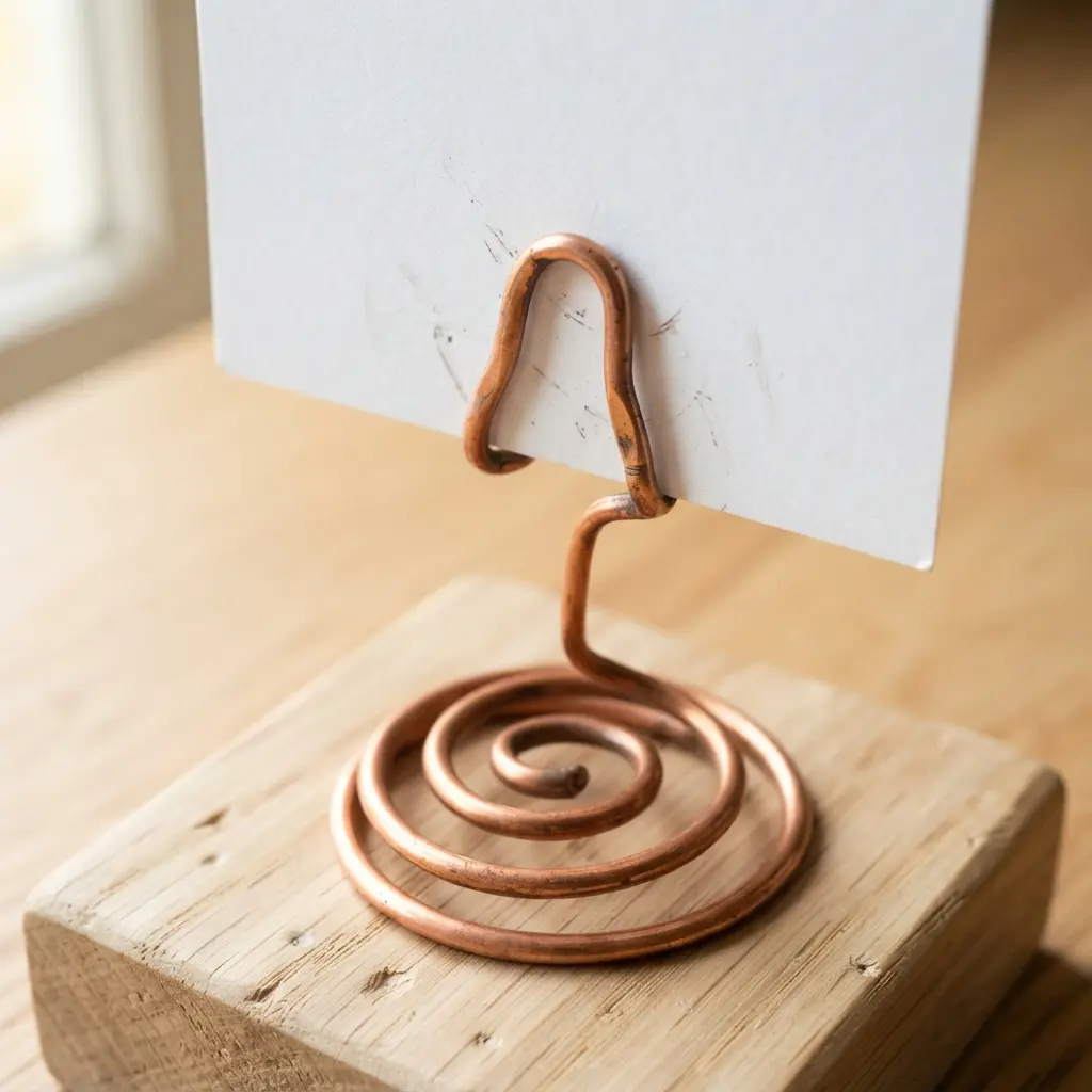 A sleek copper wire coiled into a minimalist stand for a single photo on a desk.