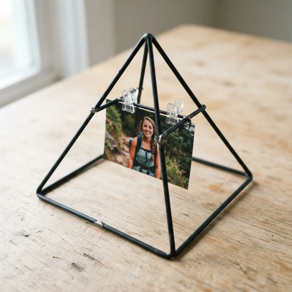 A three-dimensional wire pyramid frame with a photo clipped inside the structure.