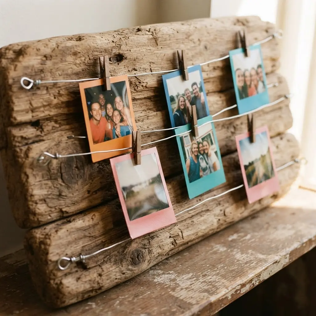 A rustic piece of driftwood with several thin wire lines stretched across it to hold multiple photos.