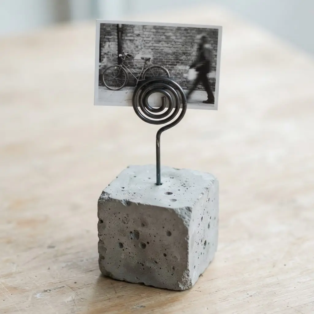 An industrial-style concrete cube base with a sturdy wire arm holding a single photograph.
