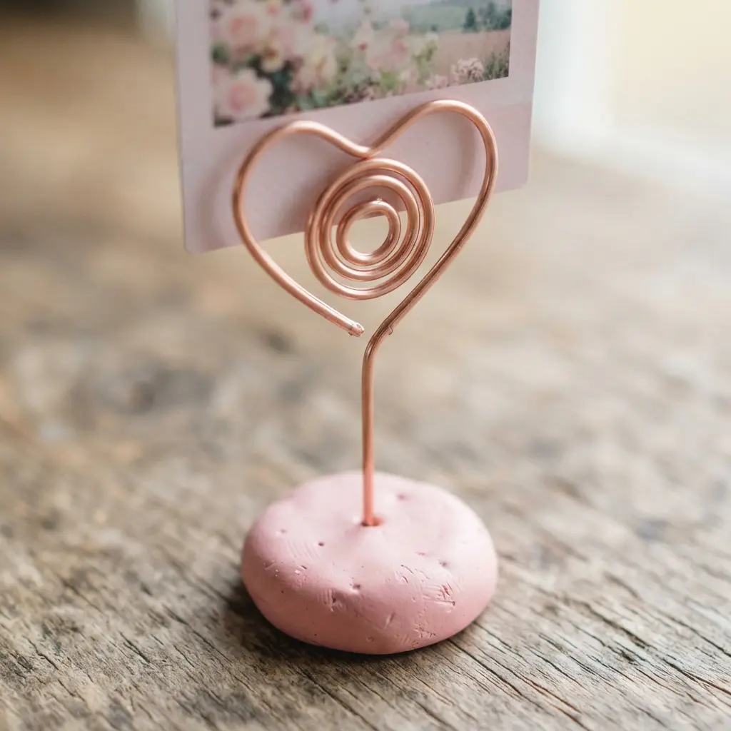 A thin wire bent into a heart shape, featuring a small spiral clip to hold a photo in the center.