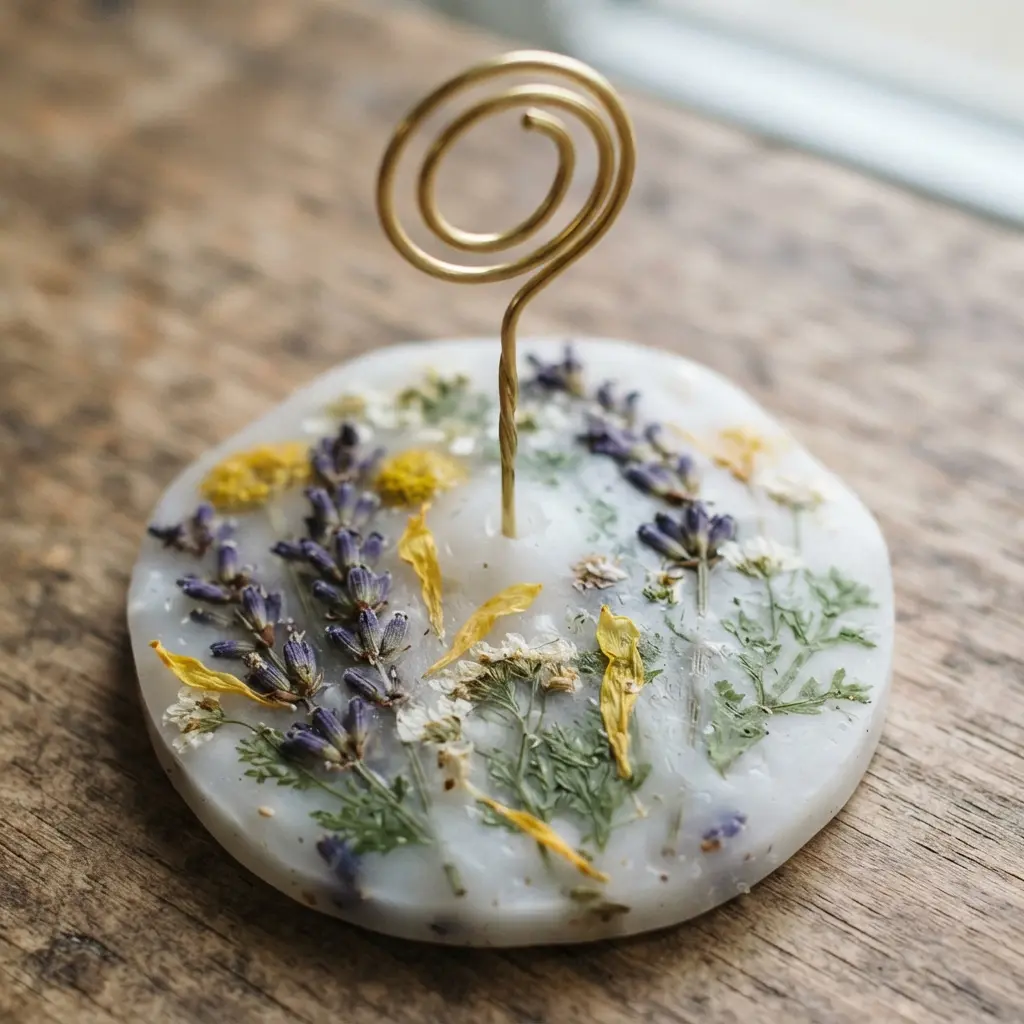 A handmade polymer clay base embedded with pressed flowers, supporting a simple wire photo holder.