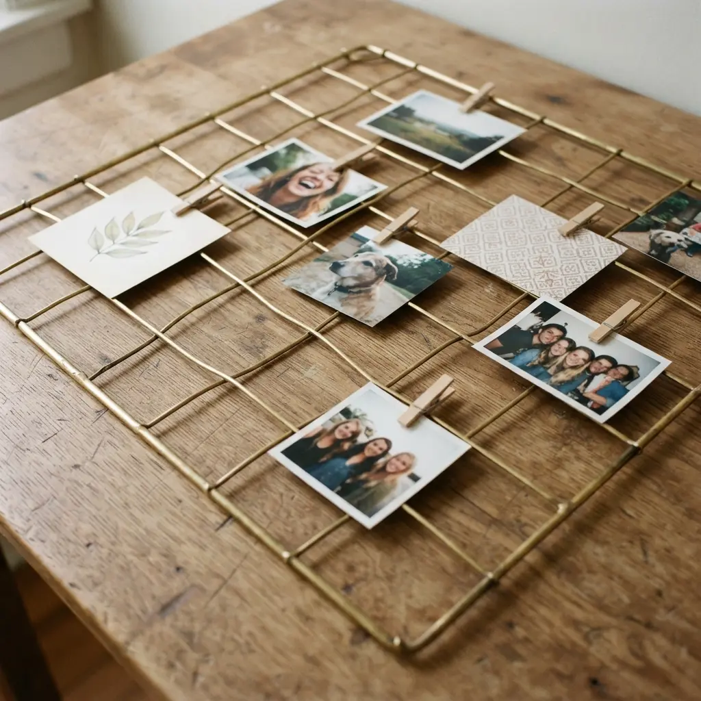 A wall-mounted wire grid with multiple connection points for hanging photos in a floating display.