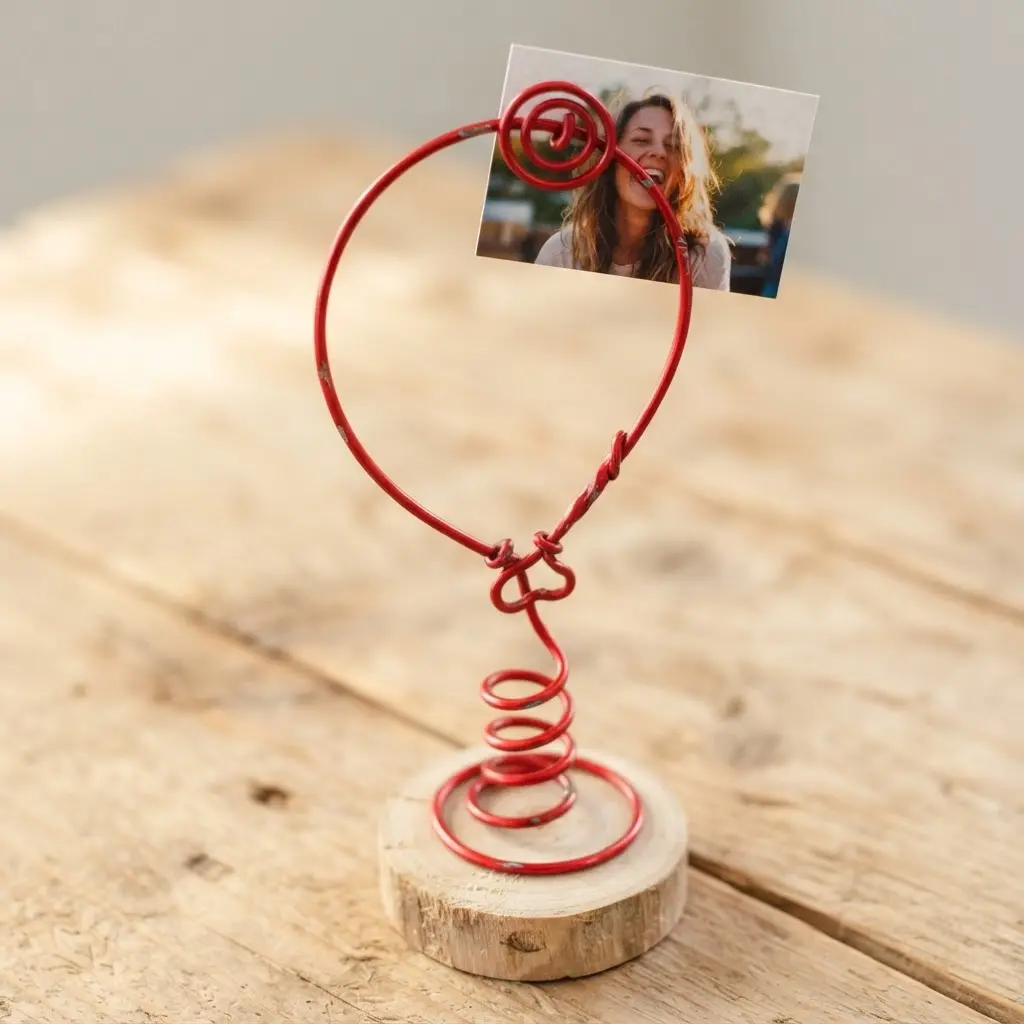 A whimsical wire sculpture shaped like a balloon, with the string acting as the stand for a small photo.