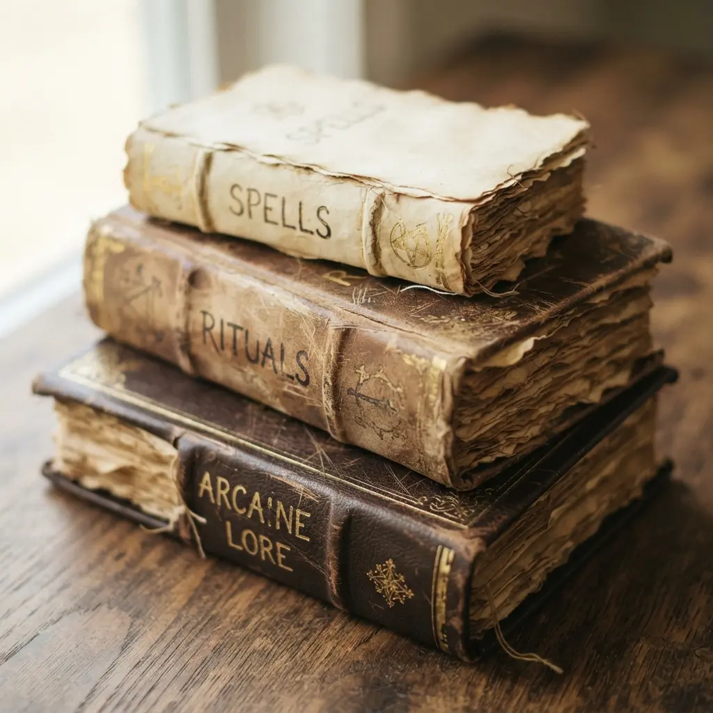Three stacked faux leather books with distressed edges and aged paper pages.