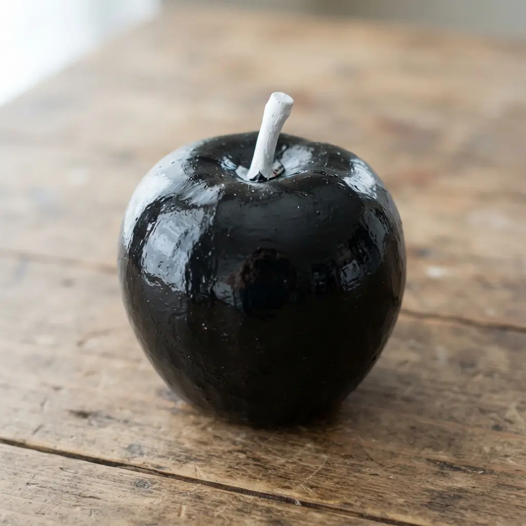 A single plastic apple painted glossy black sitting on a silver tray.