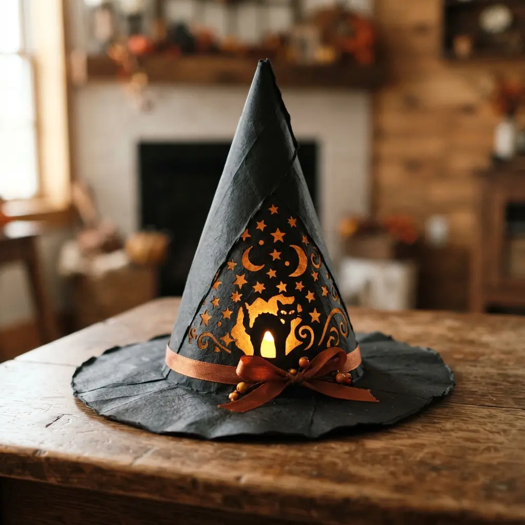 A black paper witch hat with a glowing orange light shining from within.