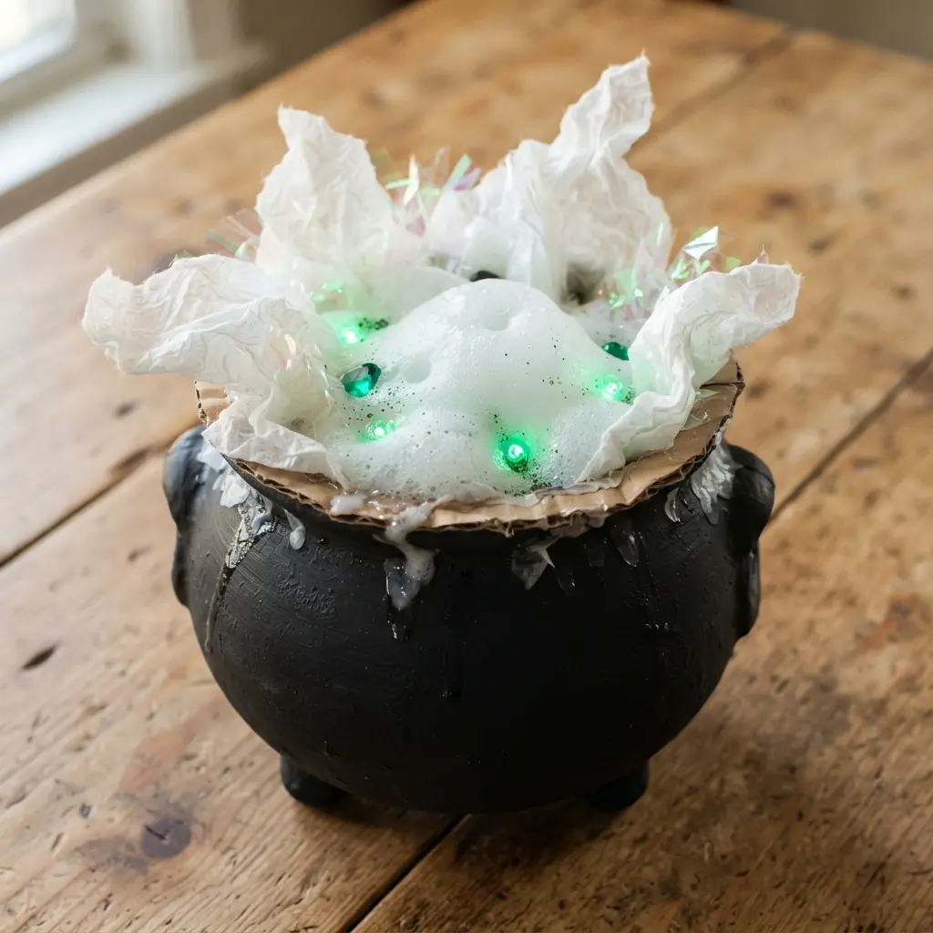 A black plastic cauldron filled with white faux bubbles and green tissue paper steam.